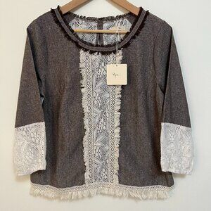 Ryu Bohemian Brown Chambray Fringe Lace Trim Bow Ties - Size Large